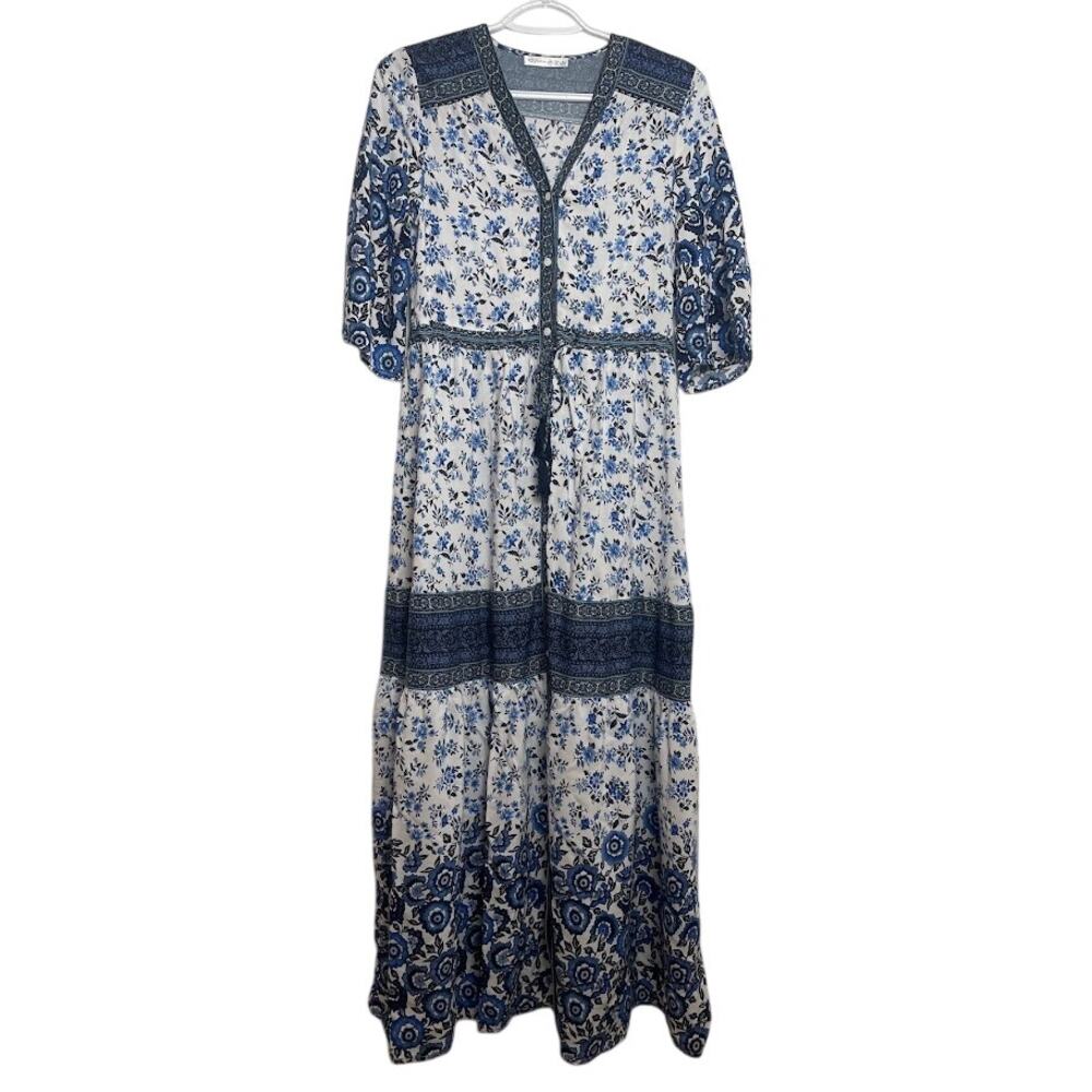 Women's Summer Cotton V-Neck Floral Print Bohemian Maxi Dress Prairie Boho Small